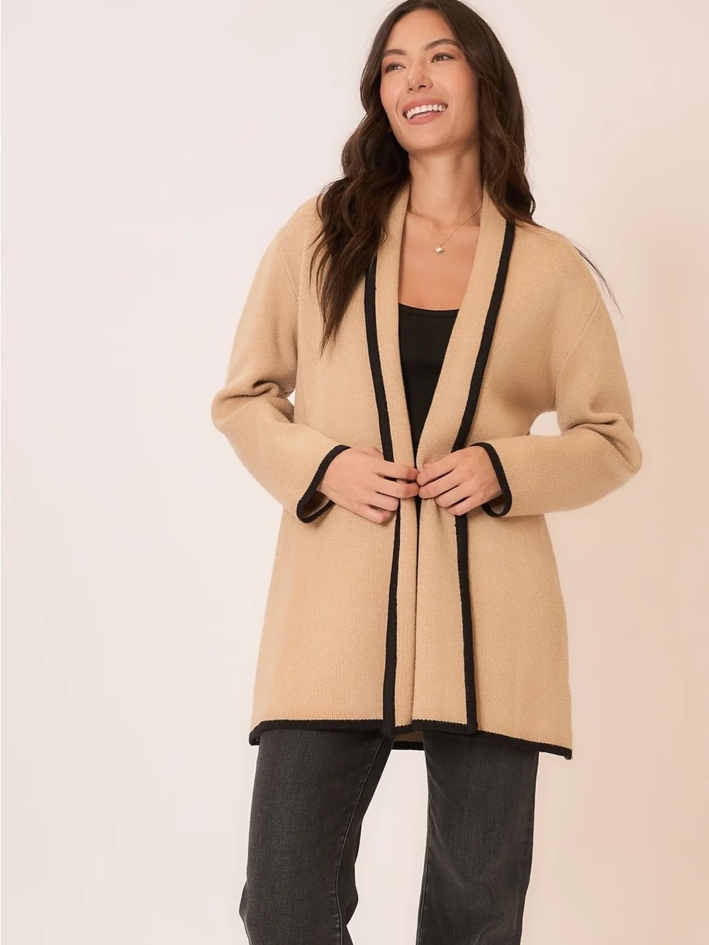 Beige Open-Front Cozy Cardigan with Black Trim - Women Sweater